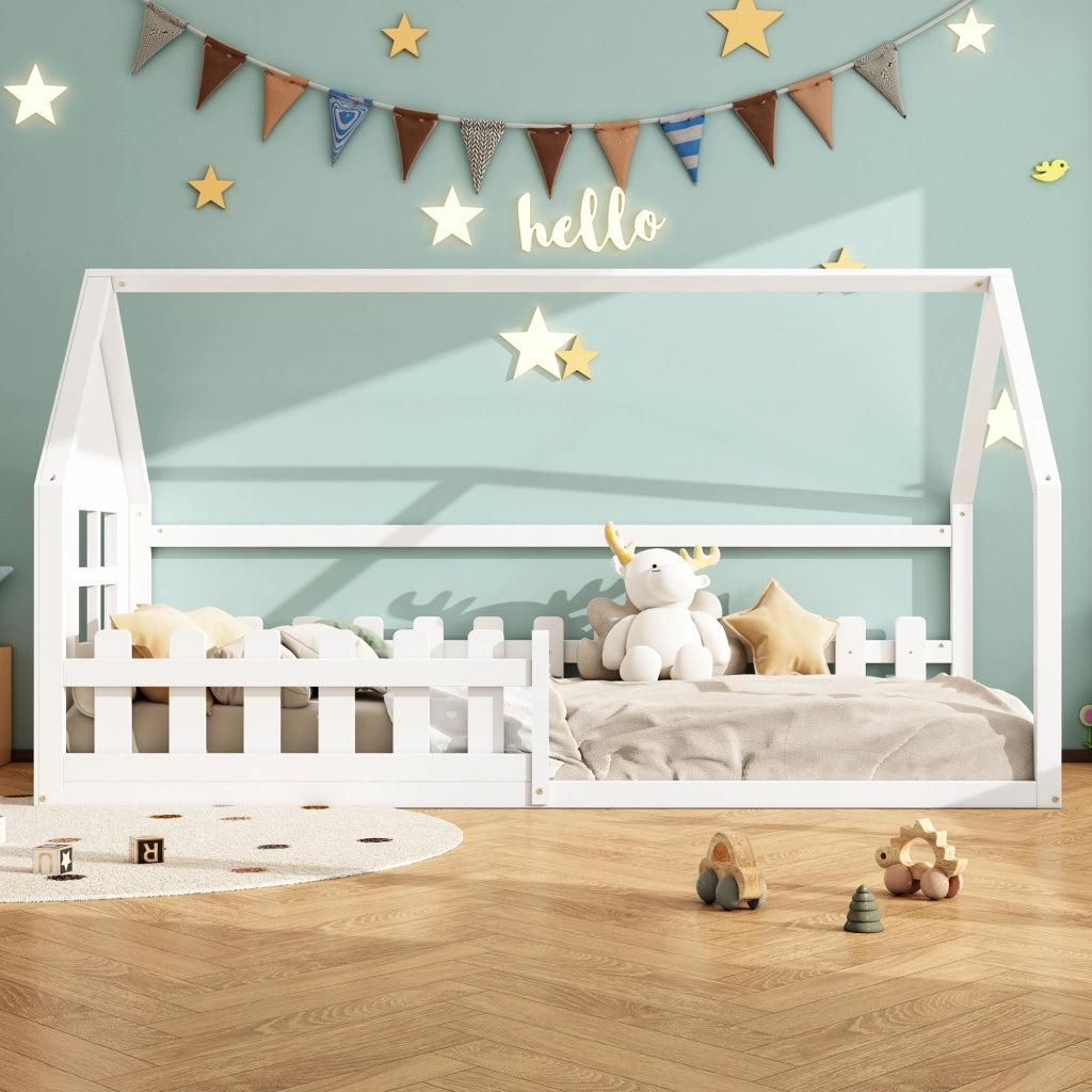 Letto a forma di casa bianco in pino con funzione contenitore 90x200 cm