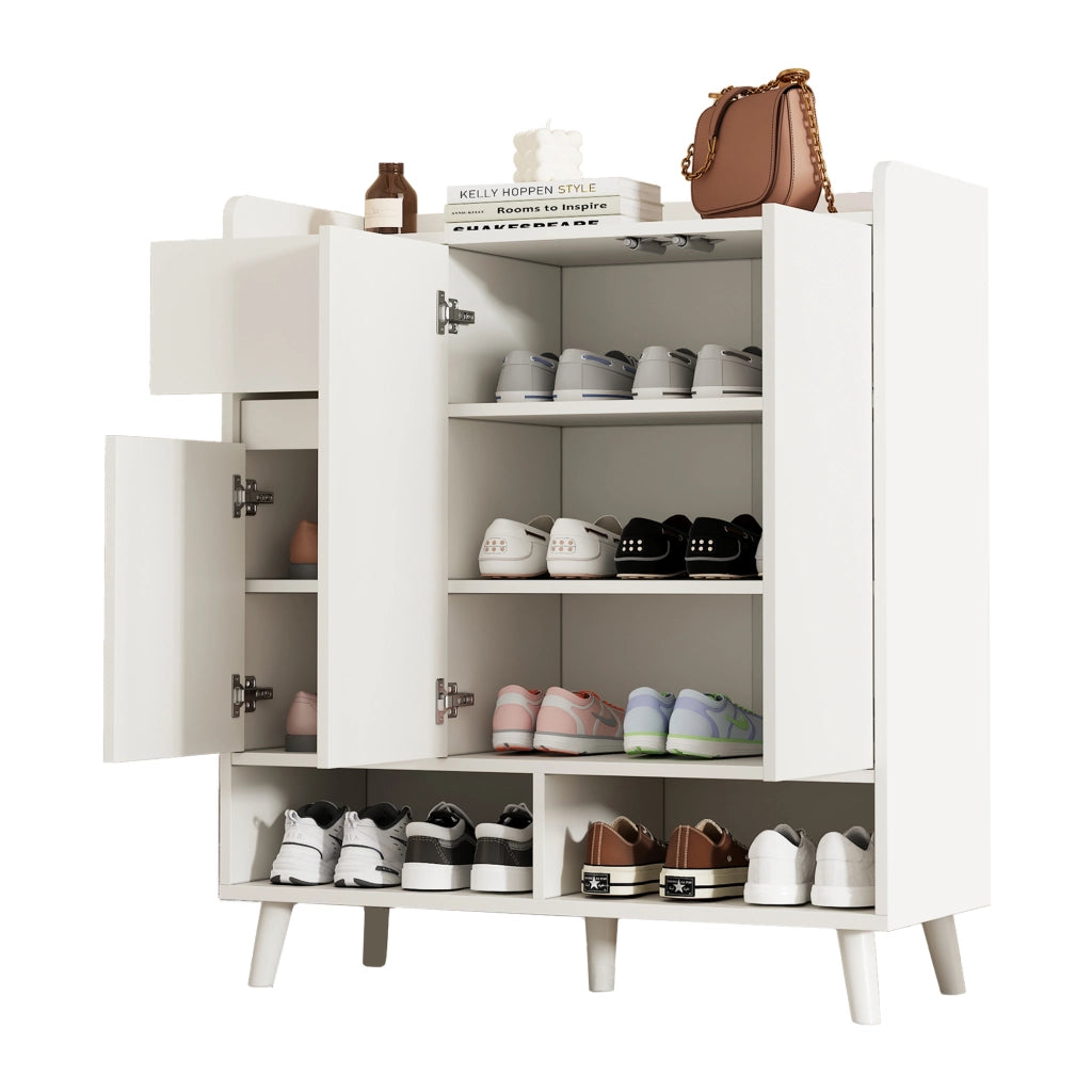 Mobile contenitore moderno con ripiani regolabili e gambe in legno massiccio, bianco, H99 x L90 x P35 cm