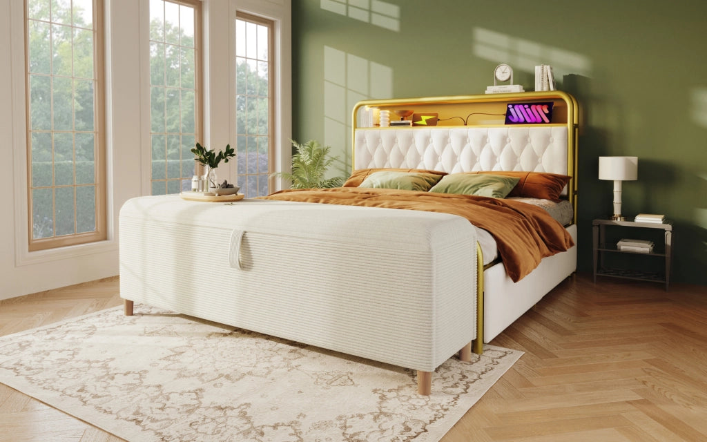 Panca contenitore beige in velluto a coste 175 cm
