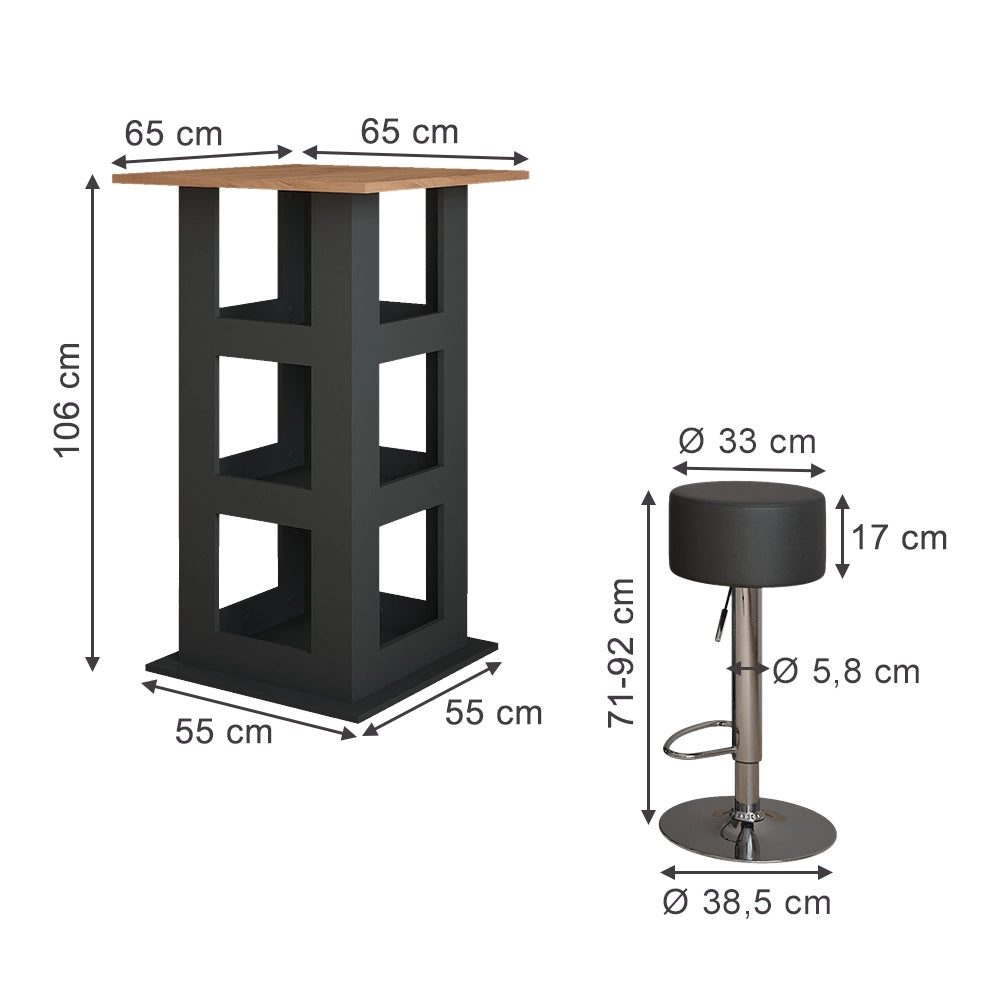 Vicco tavolo bar con sgabelli Quercia dorata/antracite 65 x 65 cm con 2 sgabelli da bar