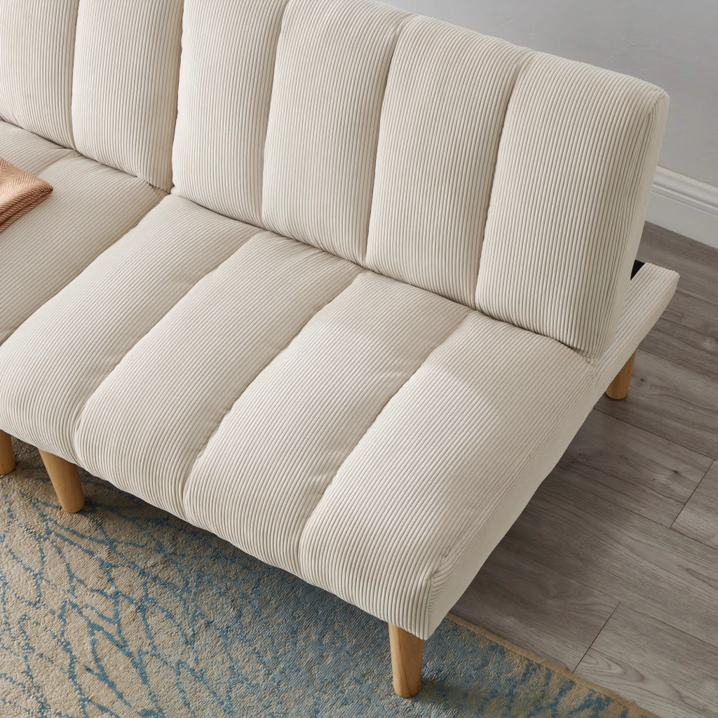 Divano letto 2 posti con schienale reclinabile a 3 posizioni e gambe in legno, in velluto a coste, Beige