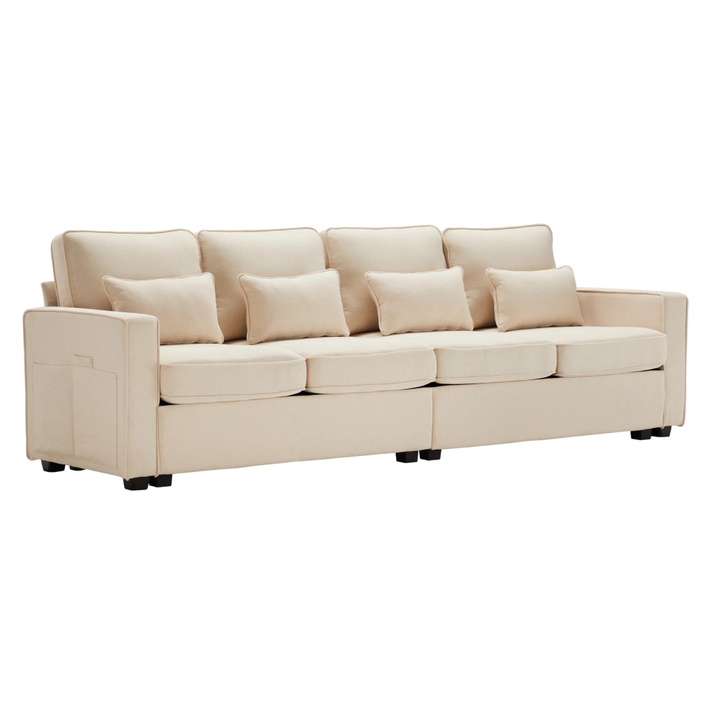 Sofa 264x83x87 cm con 4 cuscini lombari e tasche laterali in lino beige