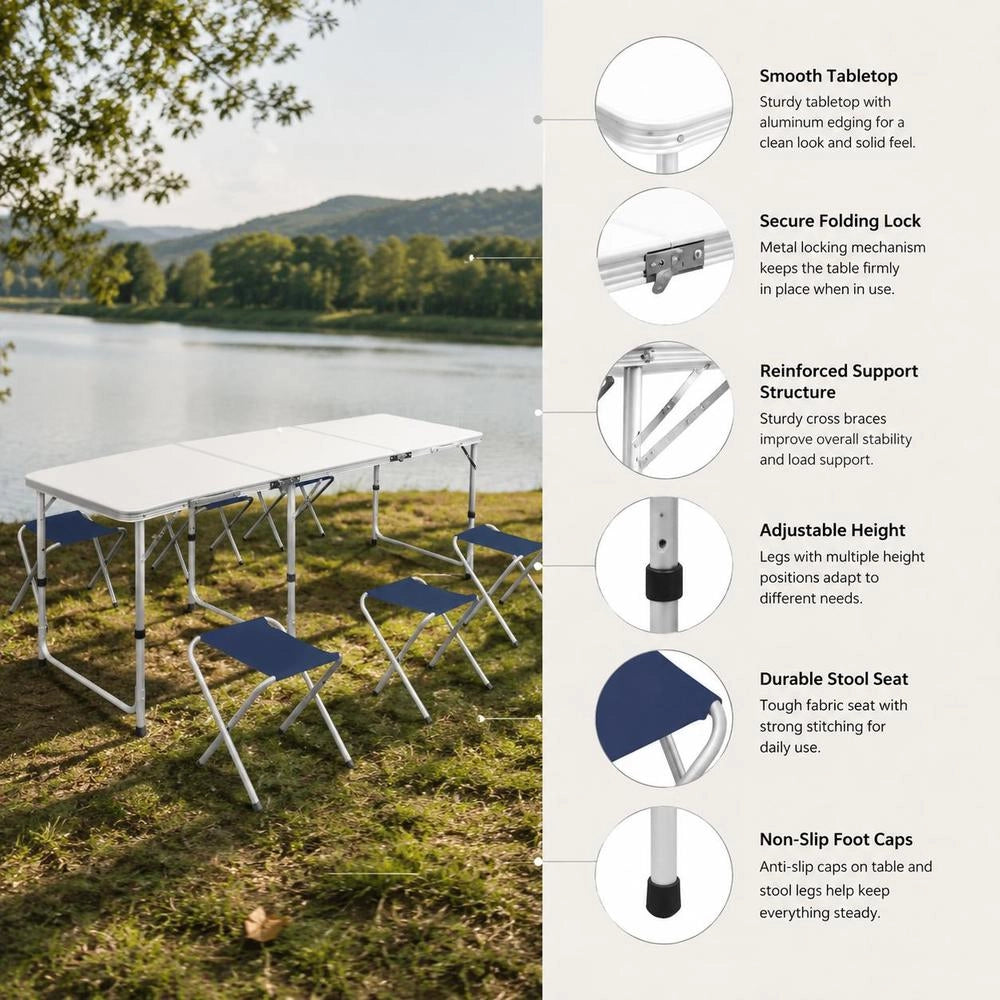 Folding Camping Table With 4 Stools, Height Adjustable, 180x60 Cm