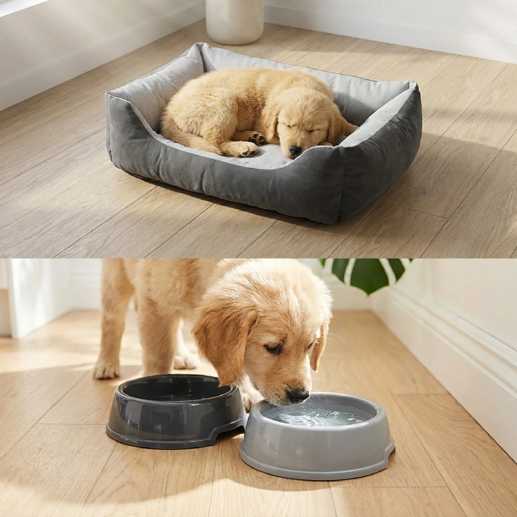 Set Accessori per Cani con Cuccia Lavabile Antiscivolo 61x48x18 cm, 2 Ciotole, Gioco in Corda 28 cm e Porta Sacchetti con 15 Sacchetti Kit Completo per Animali Domestici