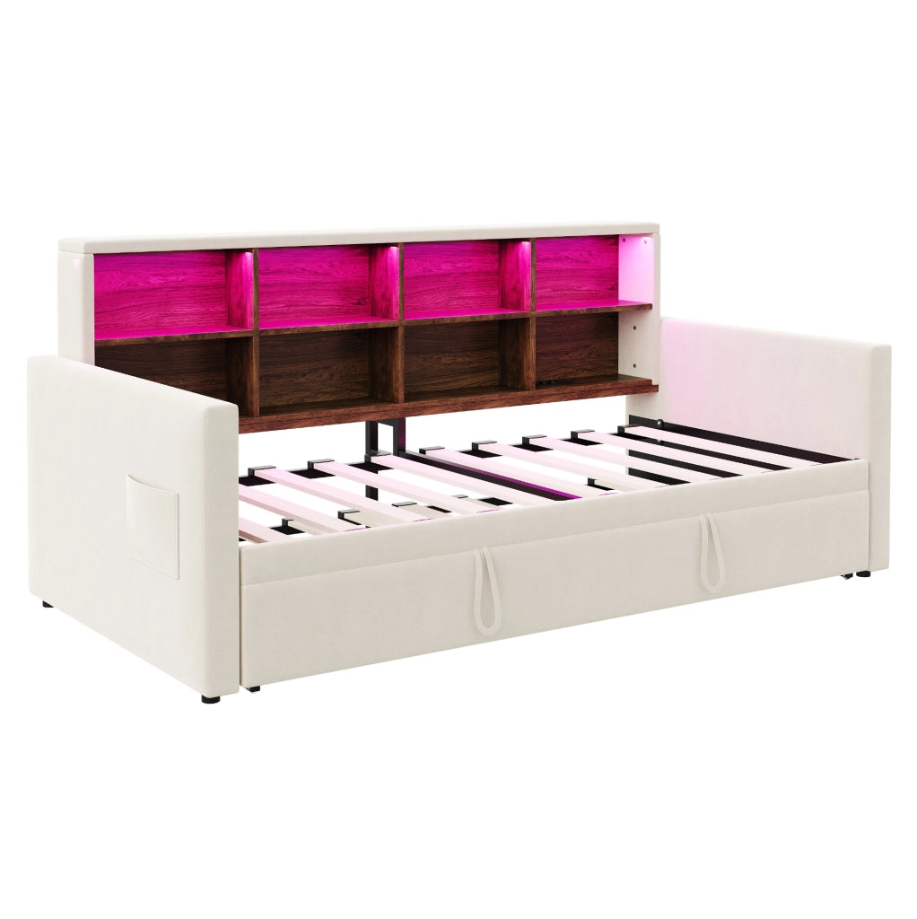 Divano letto imbottito 90x190 cm con contenitore; LED e prese integrate; velluto beige