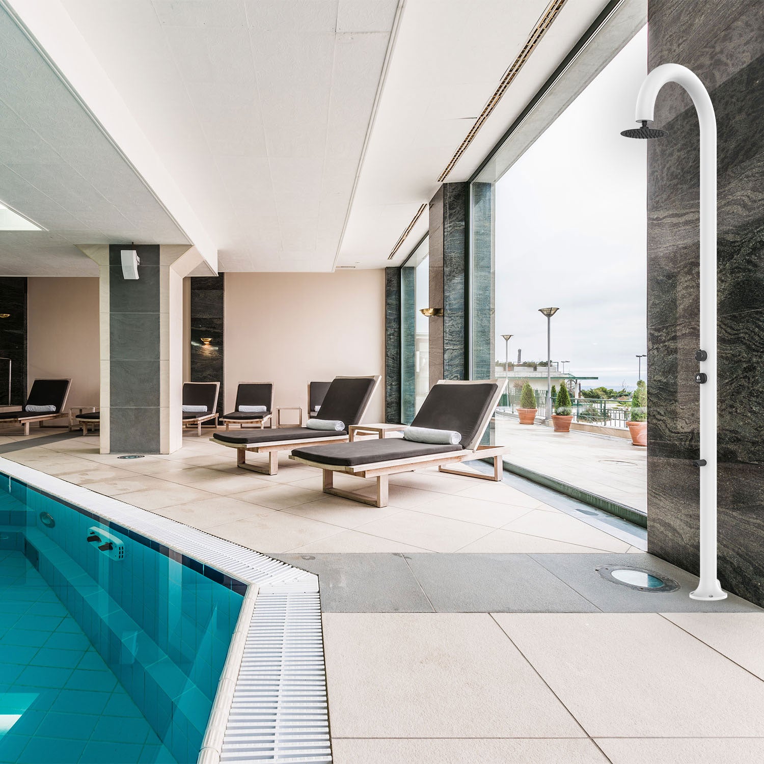 Doccia da Giardino ad Acqua Fredda in Alluminio con Timer e Lavapiedi Sined Luna Bianco