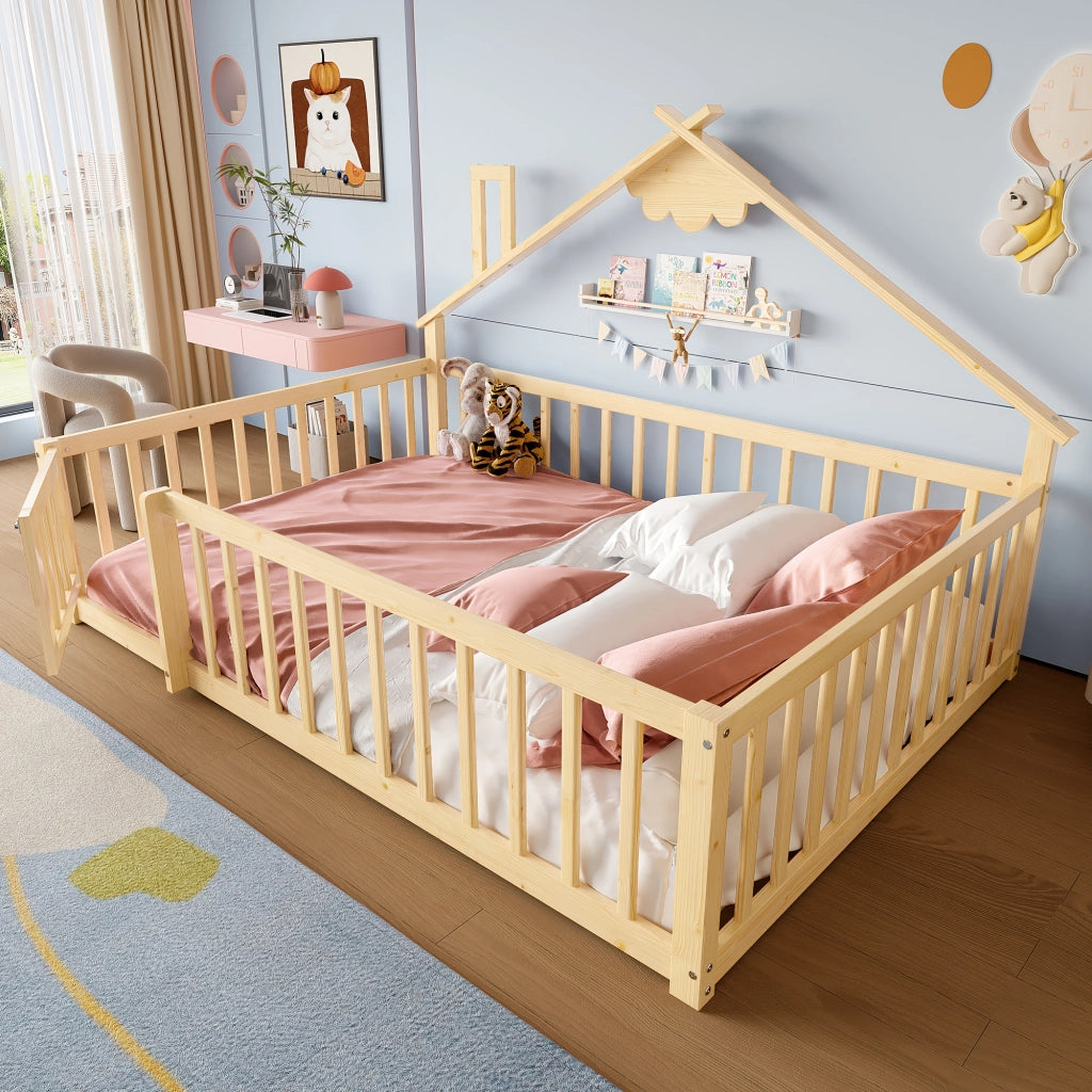 Letto Casetta 140×190 cm; Singolo con Sponda e Chiusura; senza Materasso; in Pino e MDF; Naturale