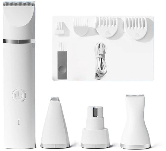 Tondeuse per cani professionale 4 in 1: pettofondeuse stazionaria IPX7 impermeabile, kit di pet grooming senza fili con cavo USB ricaricabile per gatti e altri animali domestici (bianco)