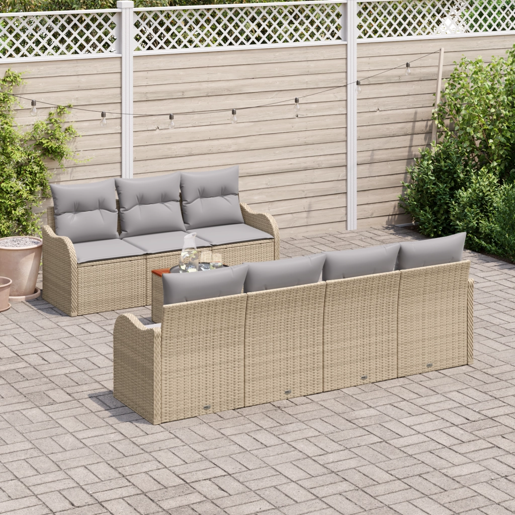 Set Divano da Giardino 8 Pezzi con Cuscini Beige Polyrattan Acacia