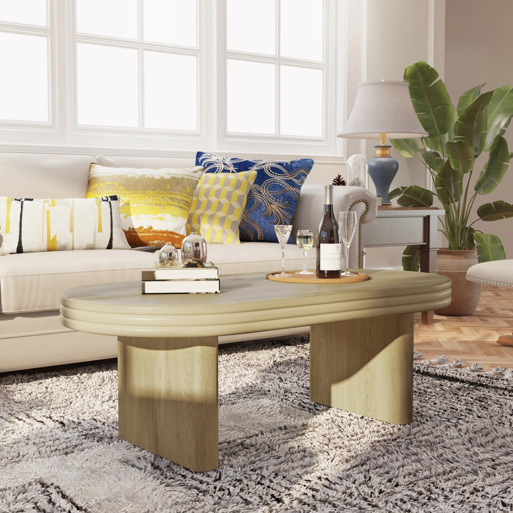 Tavolino Da Caffè Ovale con Base Scanalata; Finitura Legno Naturale; Stile Mid-Century Modern; in MDF; 120×60×41;5 cm