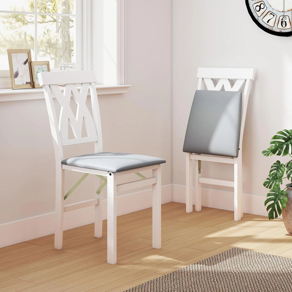 Set di 2 Sedie Pieghevoli, Sedie Ergonomiche di Gomma Senza Braccioli con Struttura in Legno di Gomma, Seduta Pieghevole da Pranzo con Schienale Curvo per Ristorante, Portata 150 kg (Bianco)
