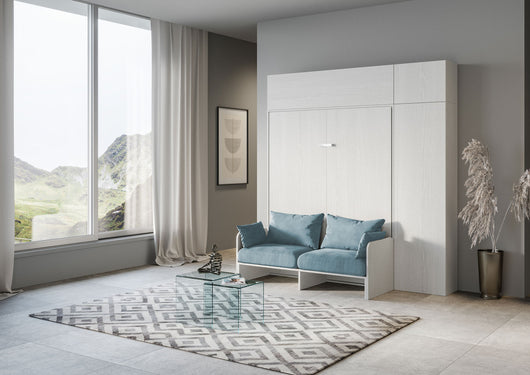 Letto Matrimoniale A Scomparsa 160 Kentaro Con Divano E Mobili Bianco Frassino e Azzurro