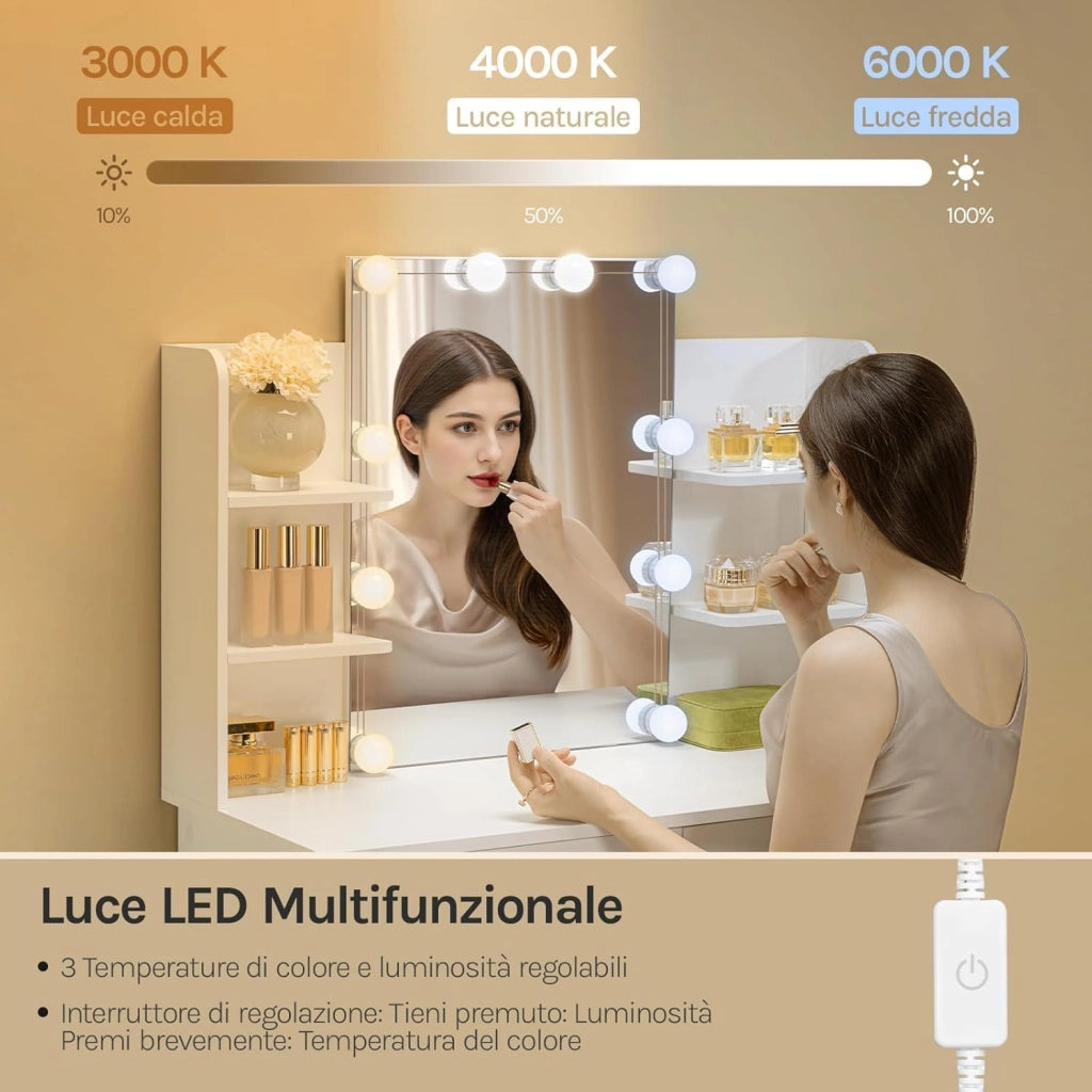 Postazione Trucco, Toeletta Trucco con Luci, Toeletta Trucco,Scrivania con Specchio e 10 Lampadine LED Dimmerabili,2 Cassetti e 4 Ripiani,Comò per Camera da Letto in Legno, Bianco, 90x40x135cm