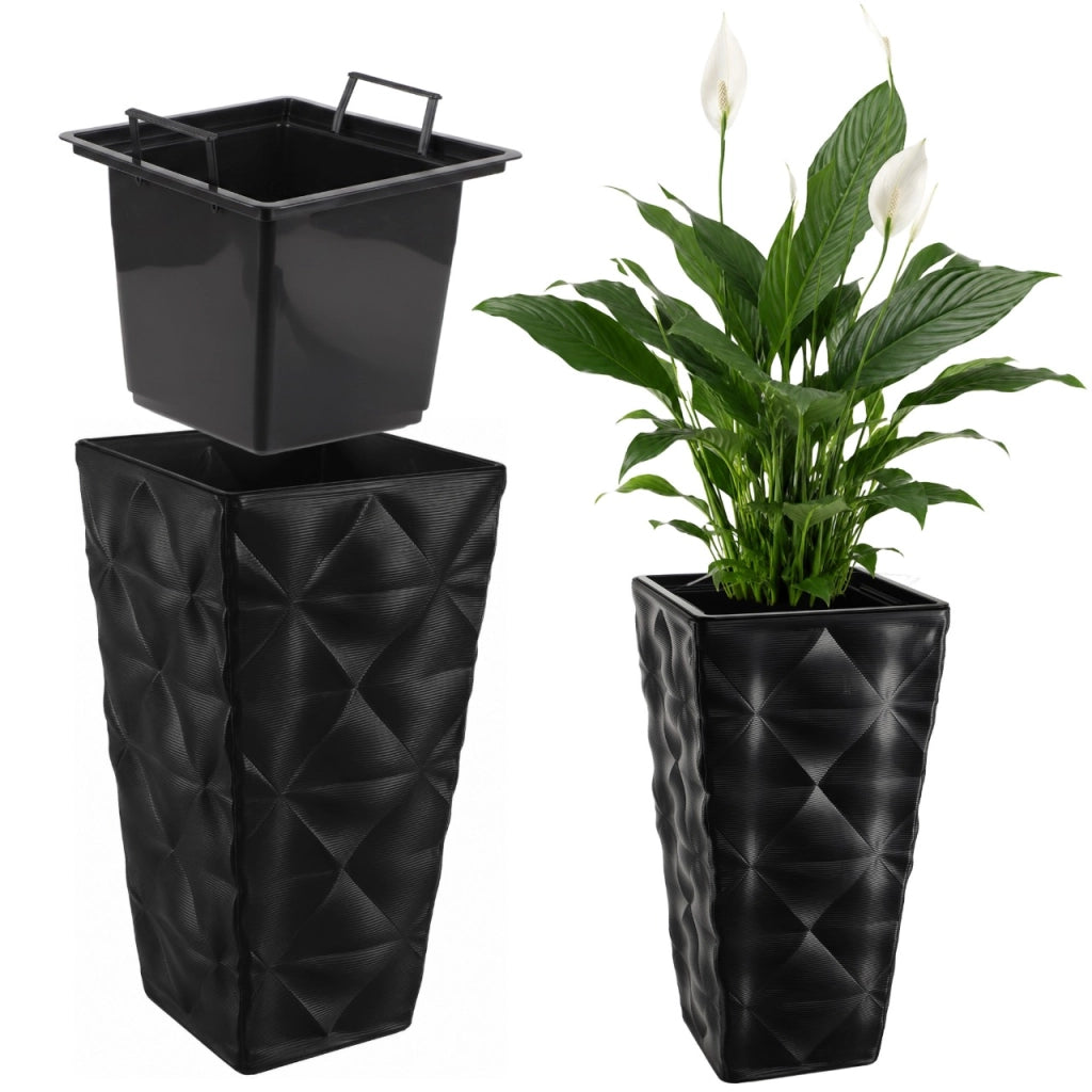 Vaso da fiori KADAX con inserto e coperchio, fioriera alta da giardino, nera, 38x75 cm