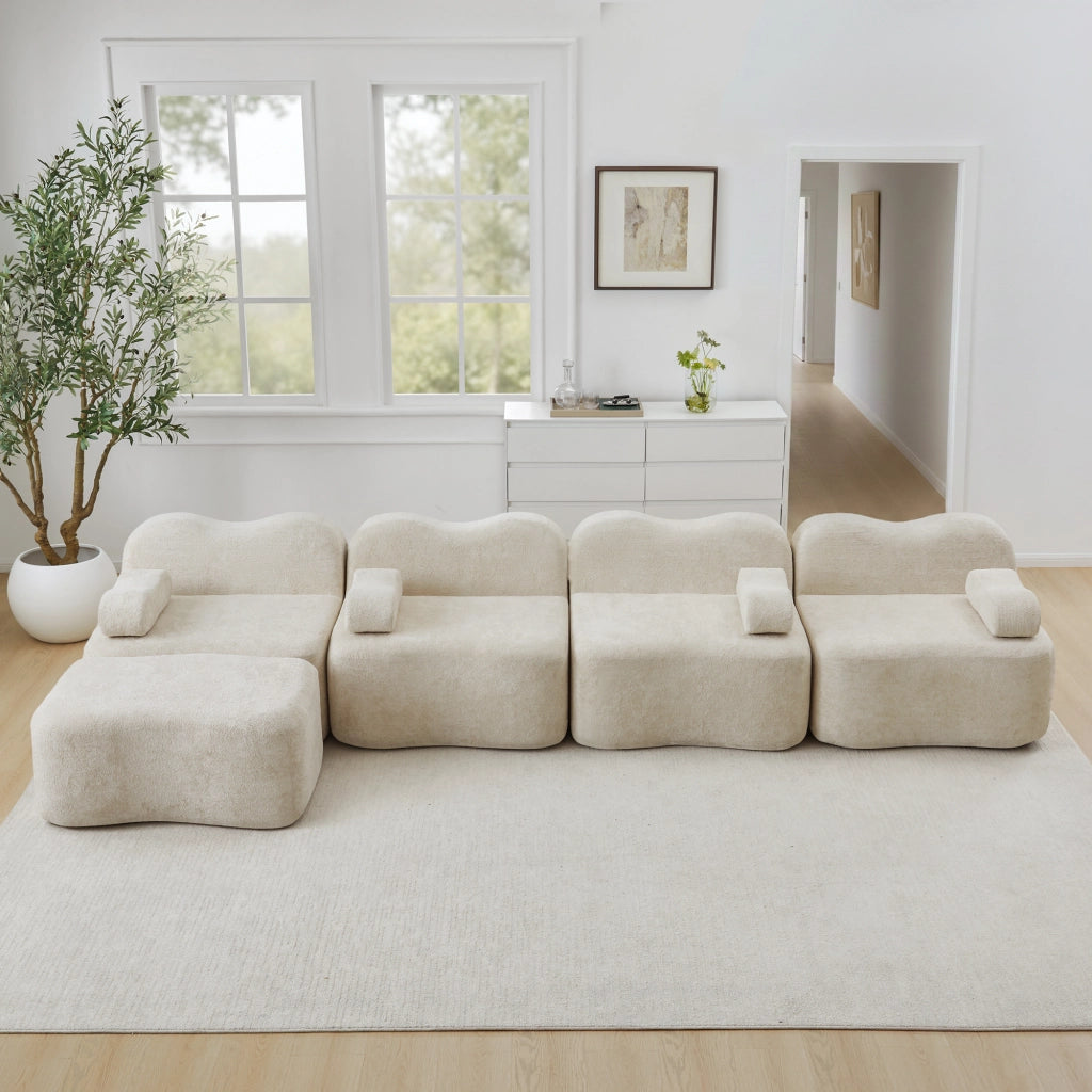Divano modulare angolare 4 posti senza struttura con pouf, seduta profonda e braccioli mobili, in velluto beige