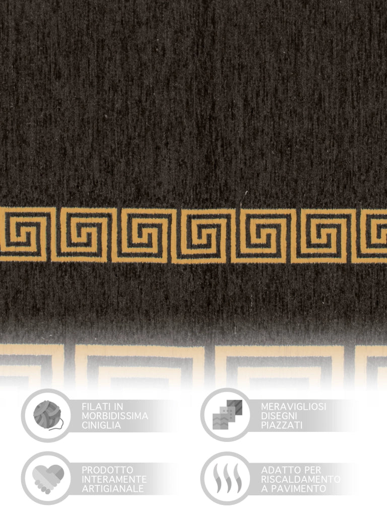 Tappeto Arredo Moderno Morbido in Ciniglia Ingresso Antiscivolo Prodotto Italiano  Soggiorno Camera Salotto Disegni Piazzati Cotone Varie Misure Grande Atena/Nerosenape - 65x220 cm