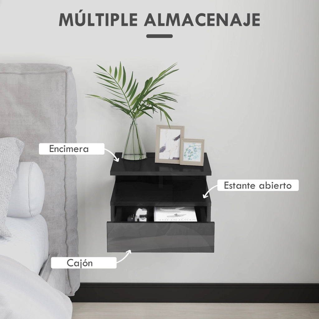 Comodino Moderno con Cassetto e Ripiano Aperto ¨C zephmum ¨C 35x32x22,5 cm Nero Lucido