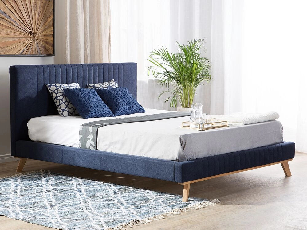 Letto 180 x 200 cm ciniglia blu scuro con struttura imbottita testiera trapuntata a canale