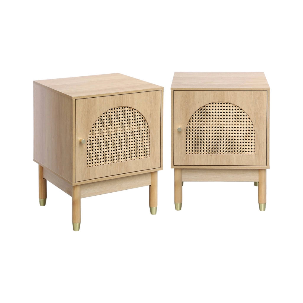 Set 2 comodini in legno con ante in cannage, marrone naturale