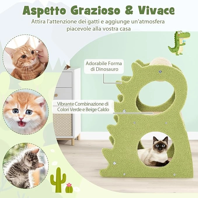 Albero Tiragraffi Moderno a 2 Livelli da Interno, Torre per Gatti a Forma di Dinosauro con Palla Girevole in Sisal, Tessuto Peluche Morbido e Tiragraffi, Centro Attività per Gatti