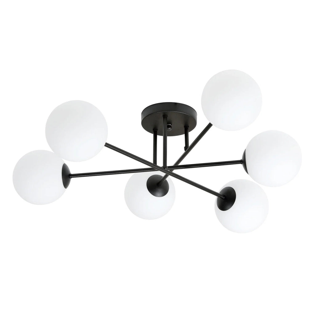 Plafoniera Moderna Morrigan 6 Luci In Acciao Nero E Sfere In Vetro Bianco