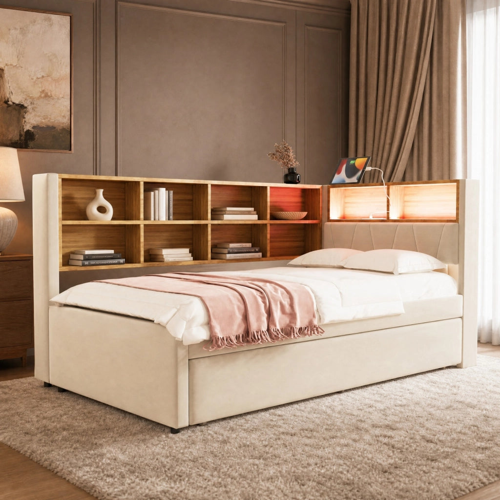Divano letto multifunzionale con LED; prese e contenitore 90x200 cm; beige