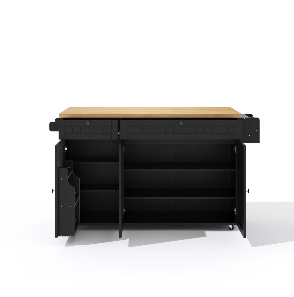Isola cucina con piano ribaltabile 137 cm; mobile su ruote con cassetti; ripiani; MDF nero naturale