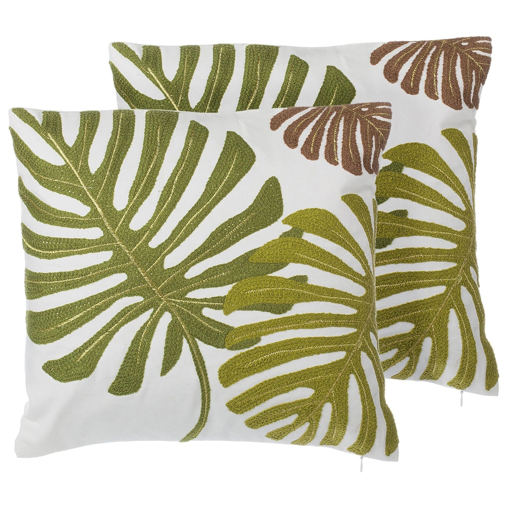 Set di 2 cuscini decorativi in cotone verde con motivo foglia 45 x 45 cm accessori decorativi con motivi tropicali ricamati