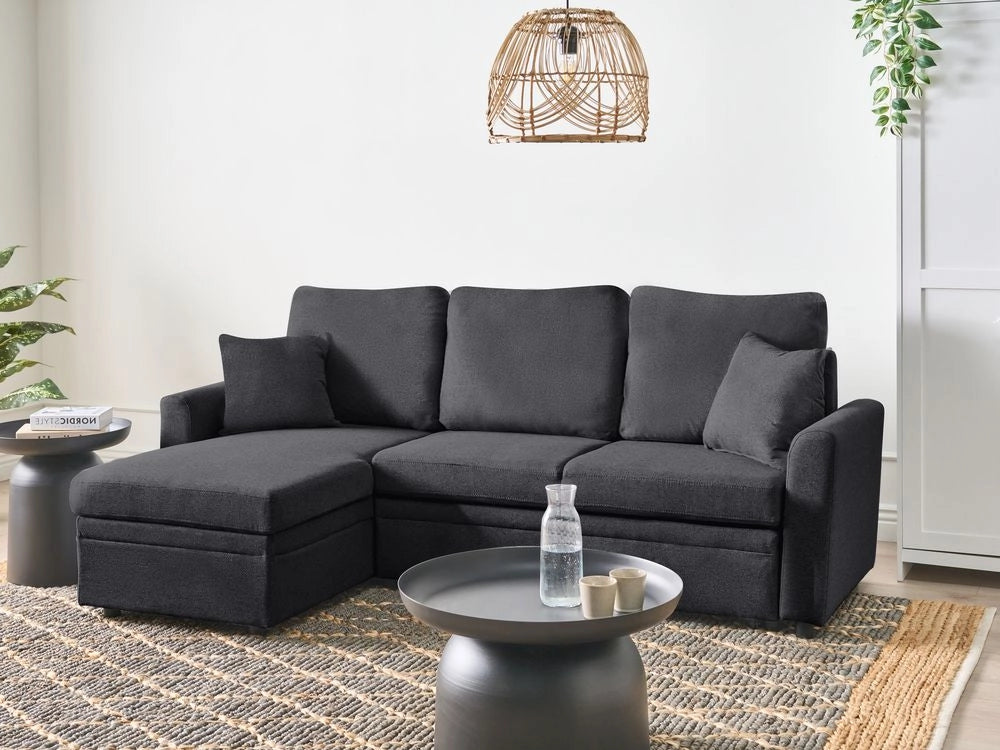 Divano letto angolare con contenitore lato destro nero rivestimento in poliestere effetto lino contenitore cuscini design moderno