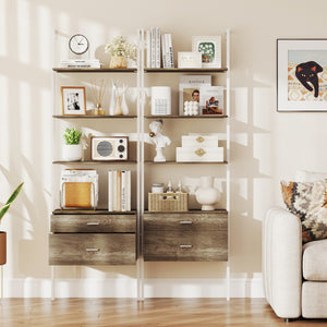 Libreria a scala a 6 ripiani con 2 cassetti e struttura in metallo-Libreria a scala da parete alto 184 cm Grigio chiaro