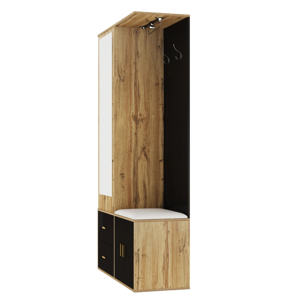 Mobile ingresso compatto nero e legno con specchio, attaccapanni estraibile, panca e scaffale porta scarpe