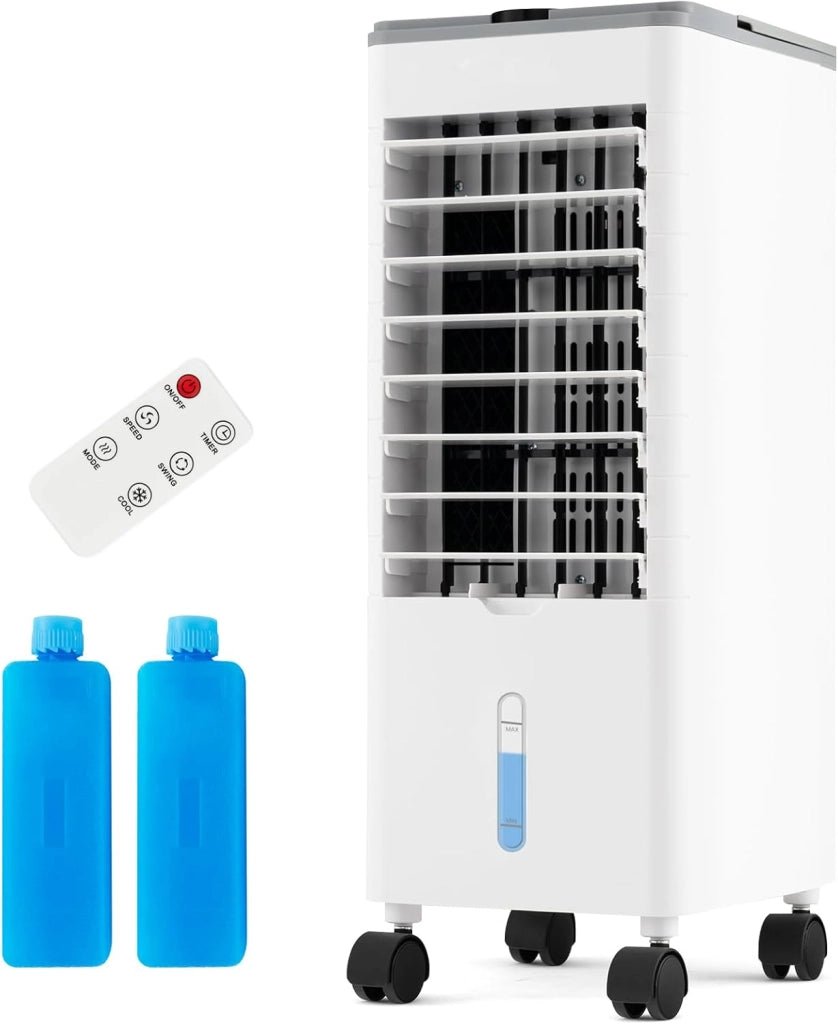 Ventilatore Condizionatore, 3 in 1 Ventilatore & Umidificatore & Raffrescatore, 3 Velocità, 2 Serbatoi d'Acqua, Timer 12H, Telecomando, per Salone, Camera da Letto, Ufficio (Bianco)