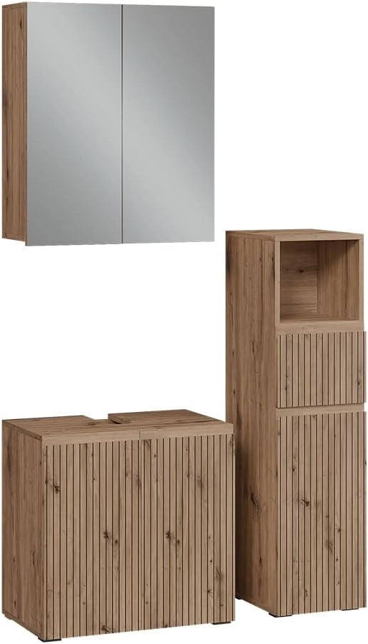 Set di mobili da bagno 3 pezzi Takumi, Artigiano, 60 cm, composto da mobile sottolavabo, specchiera e mobile medio
