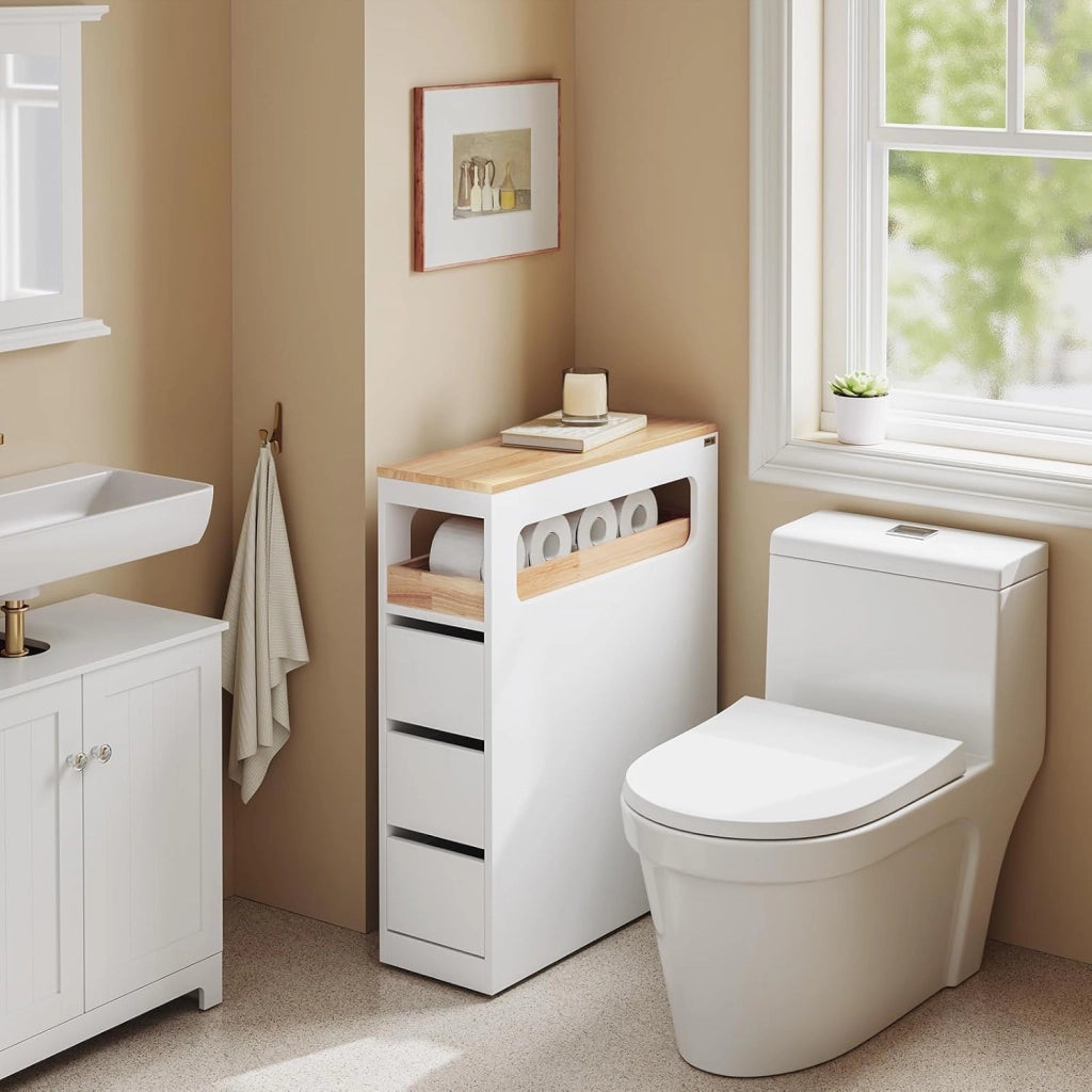 Mobile Bagno, Mobile Salvaspazio con 3 Cassetti, Ripiano in Legno e Rotelle – Mobiletti Stretti, Cassettiera Bagno da Terra, Struttura Resistente e Design Moderno BZR54-II-W