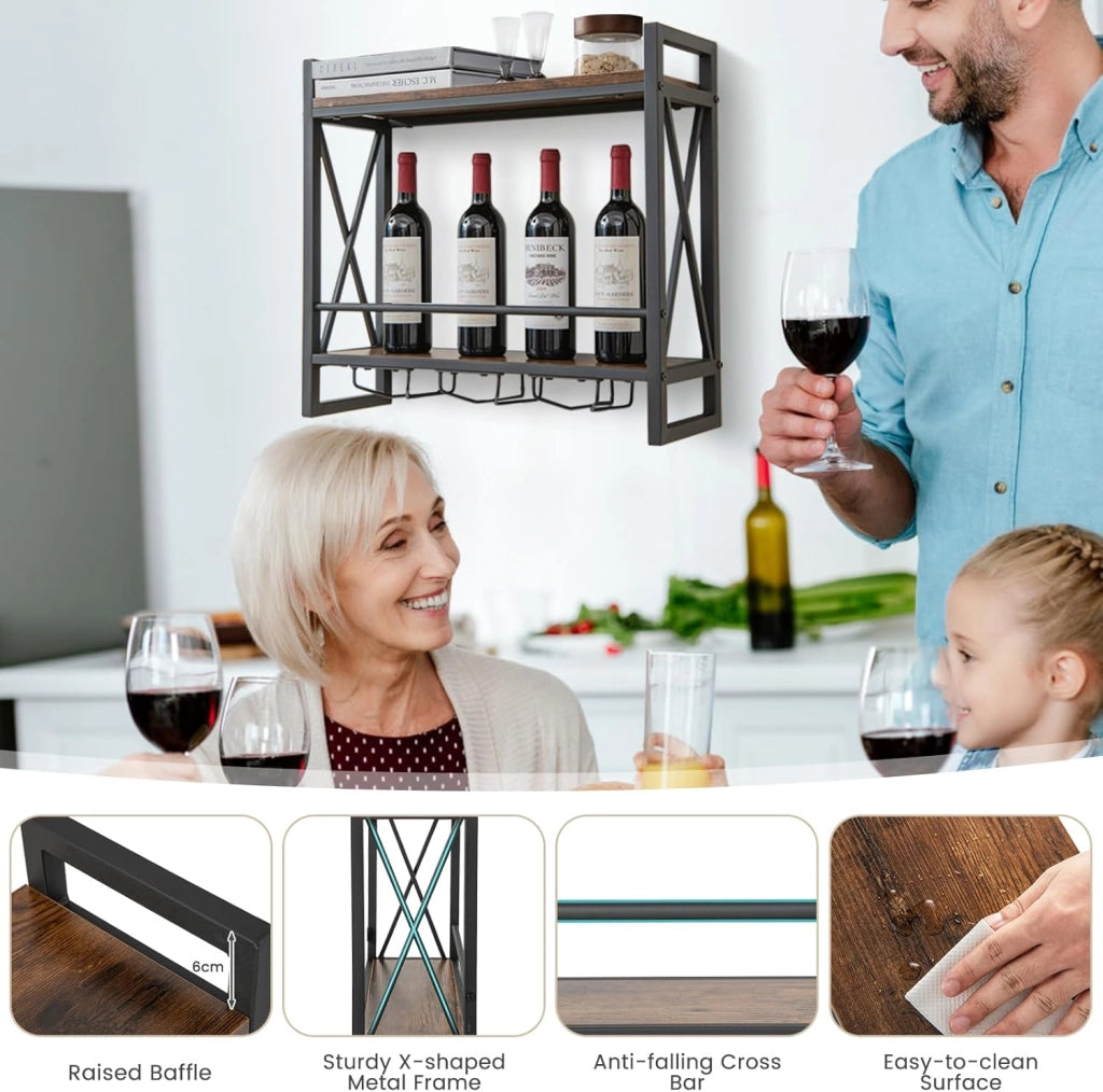 Scaffale per Vino da Parete, Portabottiglie da Parete a 2 Livelli con Supporto in Vetro, Portabottiglie da Vino per Cucina, Casa, 60x20x55 cm