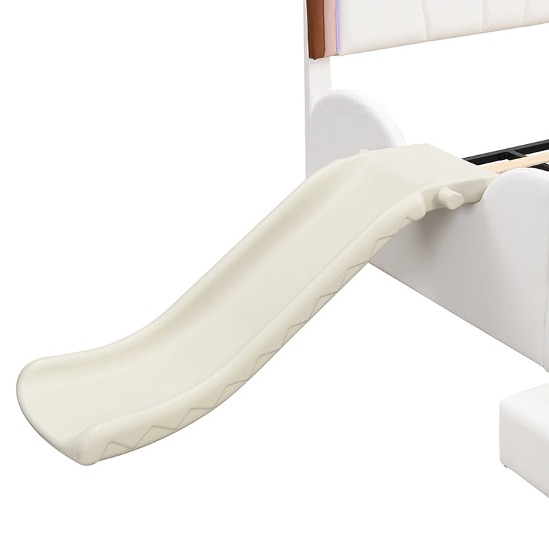 OKWISH Letto Bambini 140×200 cm, Letto Singolo con LED Multicolore, Scivolo e Scala, senza Materasso, in PU e MDF, Rosa e Bianco