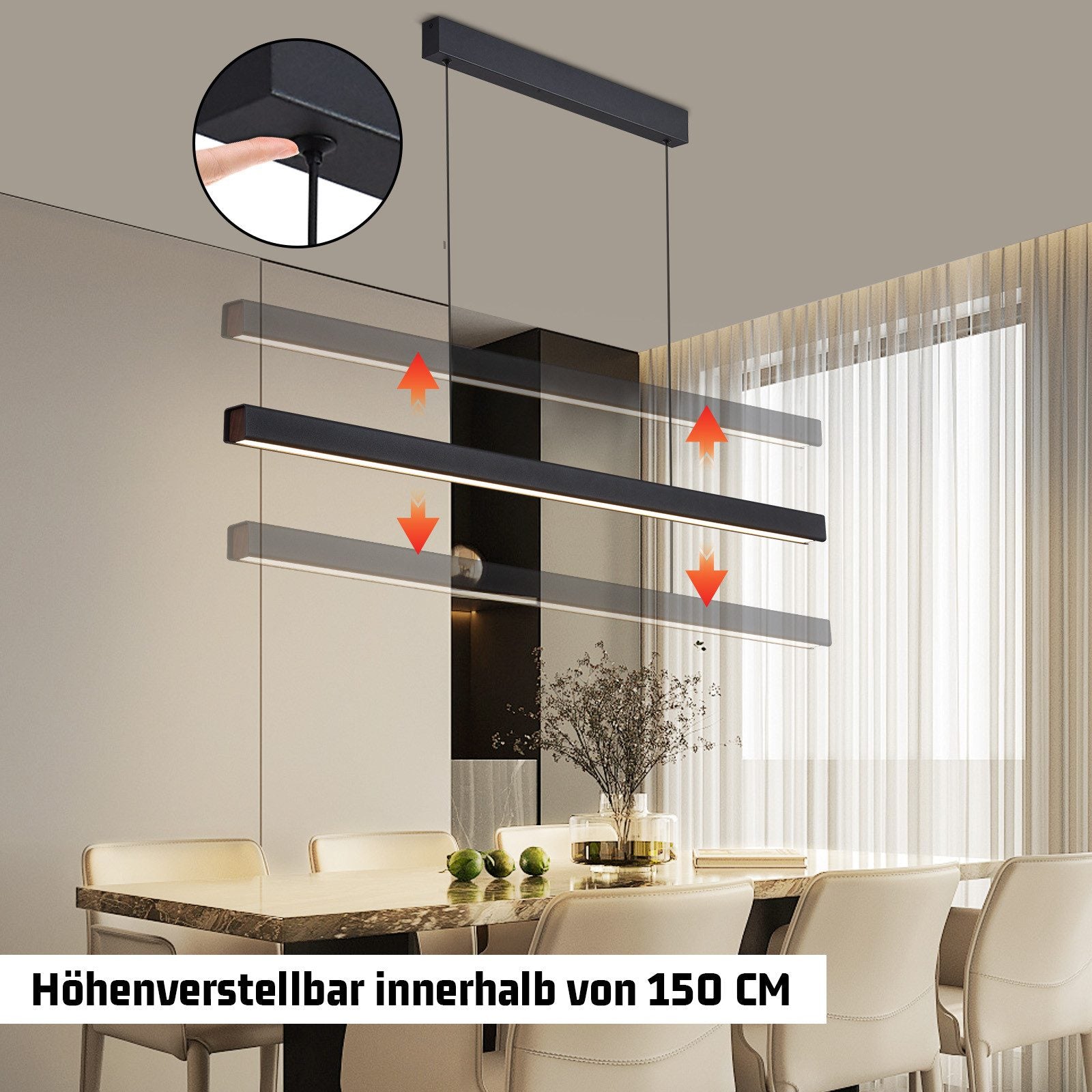 Lampada a sospensione ZMH sala da pranzo 148 CM lampada a sospensione lineare nera 37W dimmerabile cucina