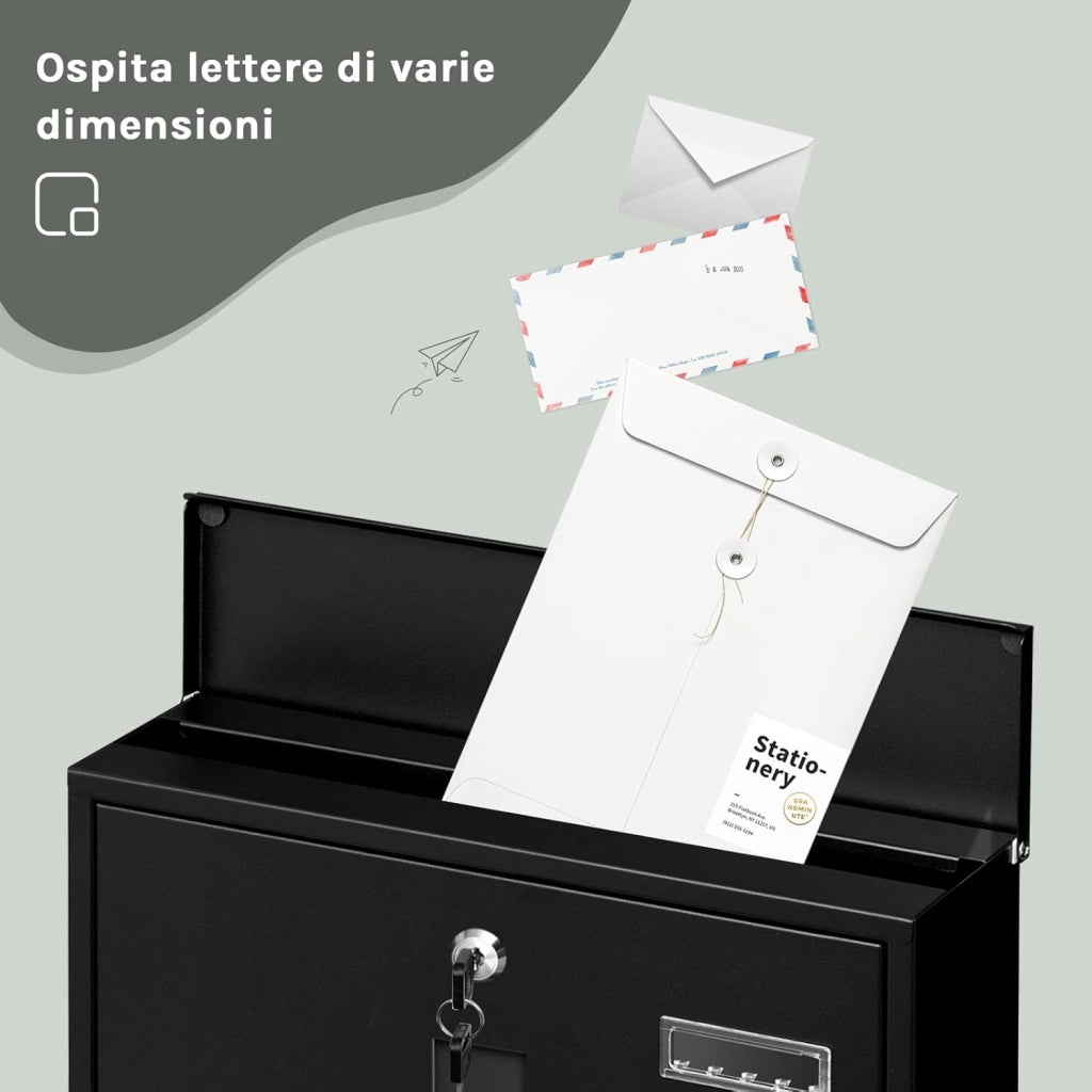 Cassetta Postale, Cassetta Postale da Esterno con Finestre di Visualizzazione e Targhetta, Cassetta Lettere con Scomparto, Nero, 37x10,5x37 cm