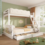 Letto a castello familiare 90x200/140x200 cm in legno, bianco, con cassetti e portagiornali