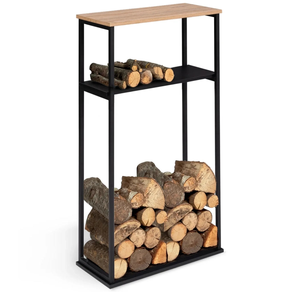 IDMarket - Portalegna per camino verticale in acciaio nero con ripiani 33 x 66 x 112 cm