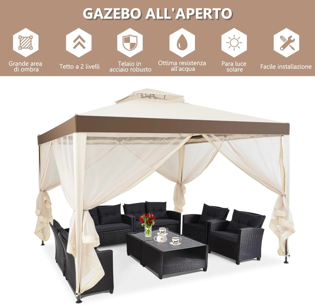 Gazebo da Giardino con Zanzariera 3 x 3 m, Struttura in Acciaio e 4 Tendine Poliestere Laterali (Beige)