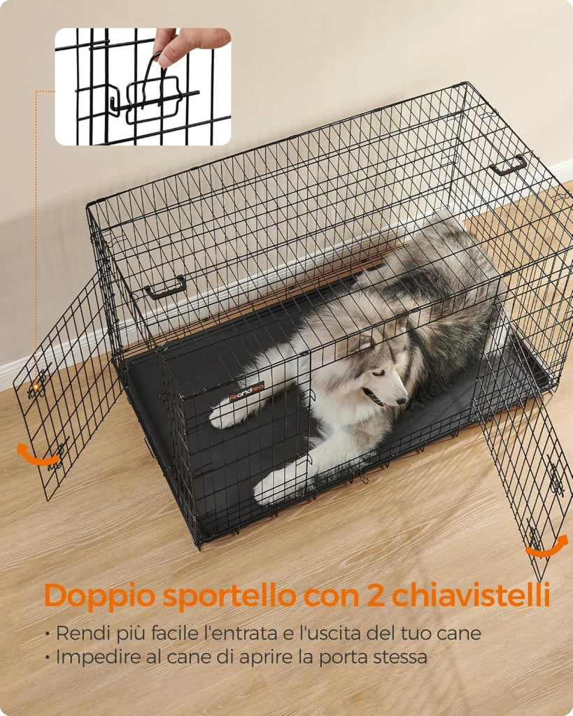 Feandrea Gabbia per Cani Pieghevole, con 2 Porte, Vassoio Rimovibile, 136 x 79 x 84 cm, XXXL, Nero PPD054B01