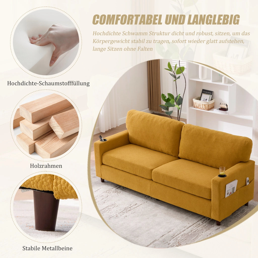 DIVANO 2 posti con USB-C e LED 203x77,5x86 cm Chenille giallo senape
