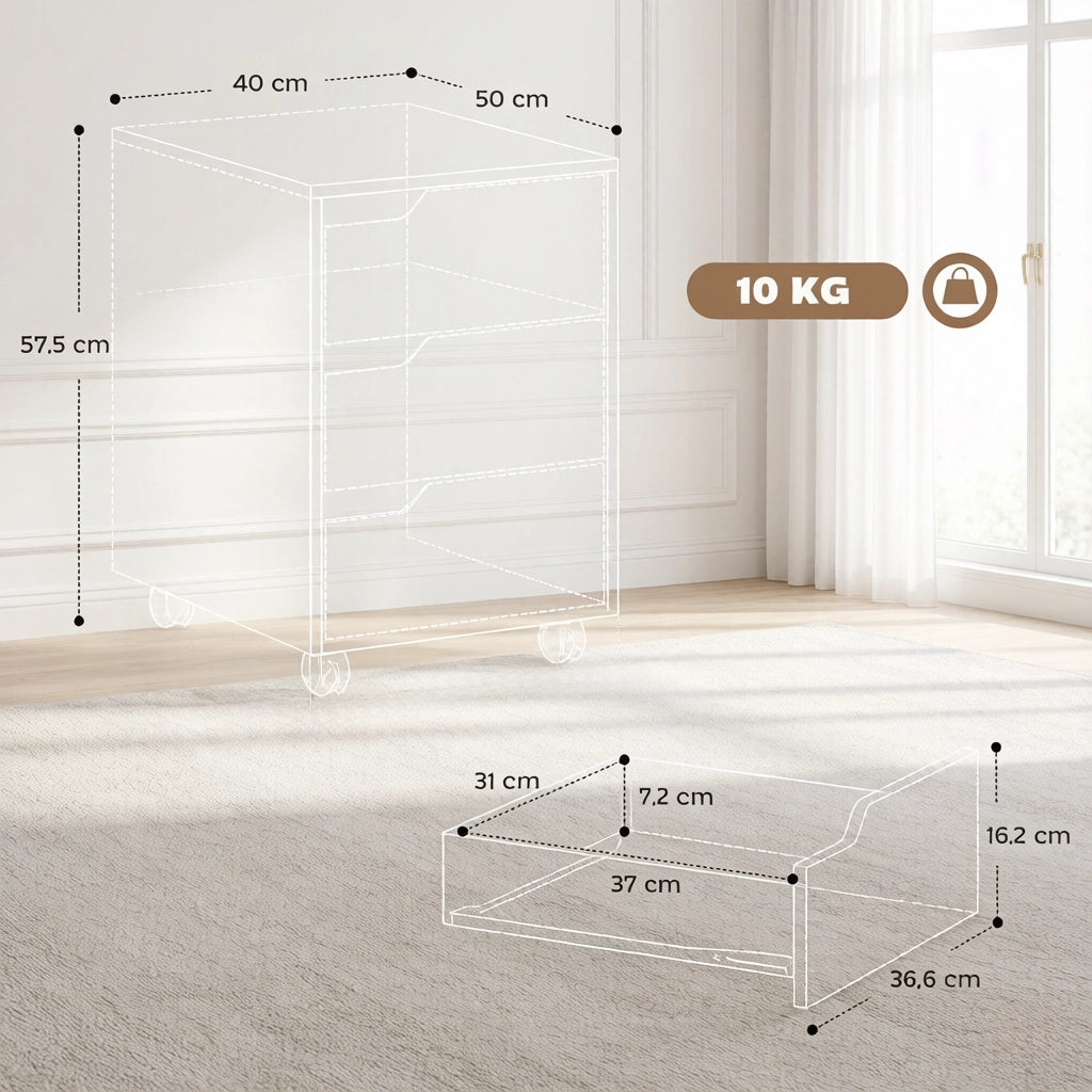 CASSETTIERA con ruote 40x50x57,5 cm in MDF bianco e rovere con 3 cassetti