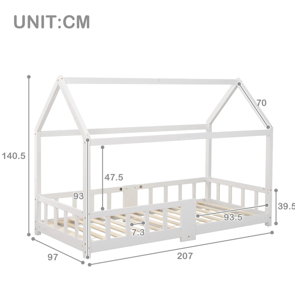 Letto per bambini a casetta 90x200 cm con lavagna e protezione anticaduta; legno bianco