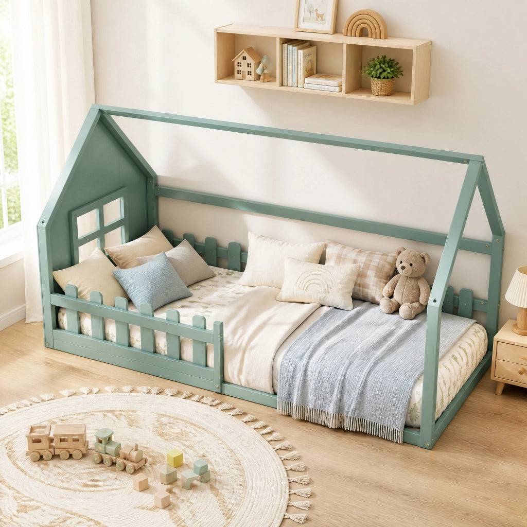 LETTO per bambini a forma di casa 90x200 cm in pino verde