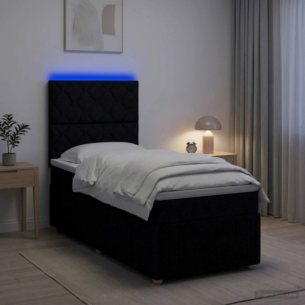 Letto Box Spring LED con Materasso Nero 80 x 200 cm Tessuto 3455736