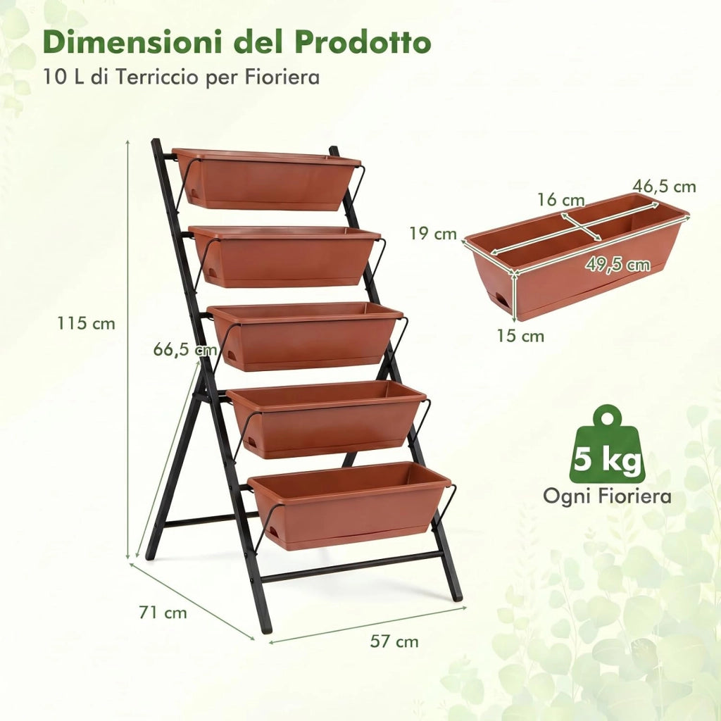 Fioriera Verticale a 5 Livelli, Orto Rialzato a Scaletta da Interno e Esterno, Scaffale Porta Piante Salvaspazio in Metallo con Fori di Drenaggio e 5 Sottovasi Rimovibili (Terracotta)