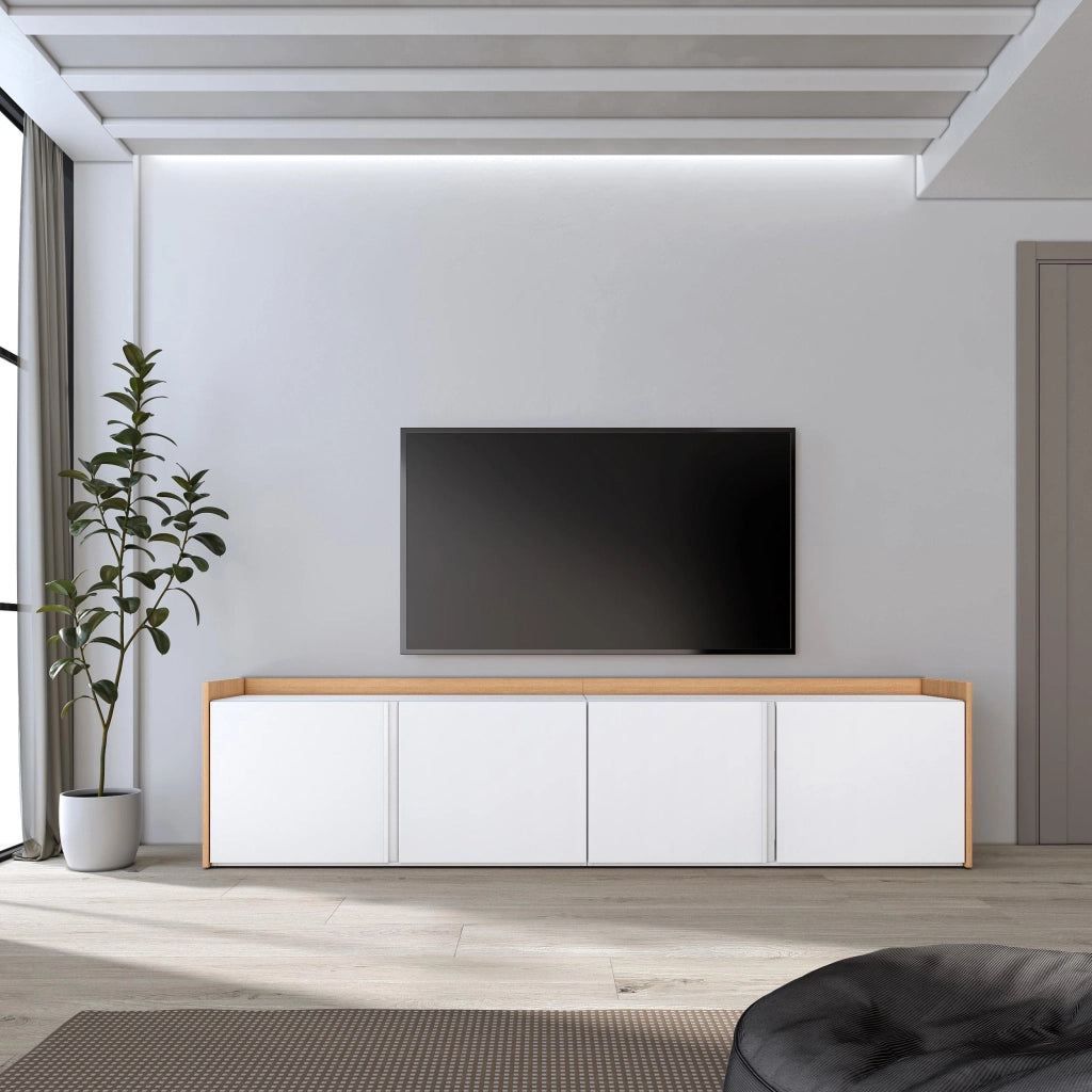 Mobile TV Soggiorno, 207x50x35 cm, Per TV fino a 80", Mobile Soggiorno, Bianco e Rovere soft