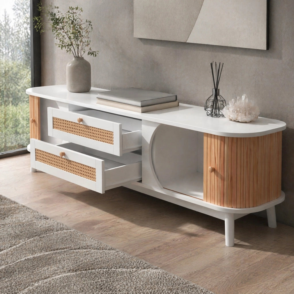 Mobile TV moderno 170 cm bianco effetto legno con ante e cassetti in rattan